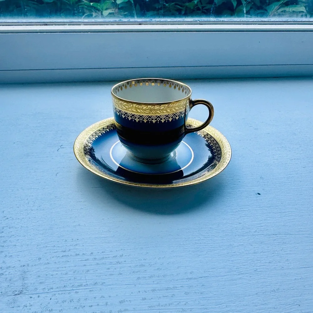 J Pouyat Limoges Cobalt Blue Gold Encrusted Tea Cup and Saucer Set France